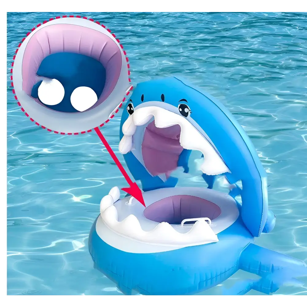 Blue inflatable shark seat ring with white teeth purple interior cartoon eyes and awning for swimming use