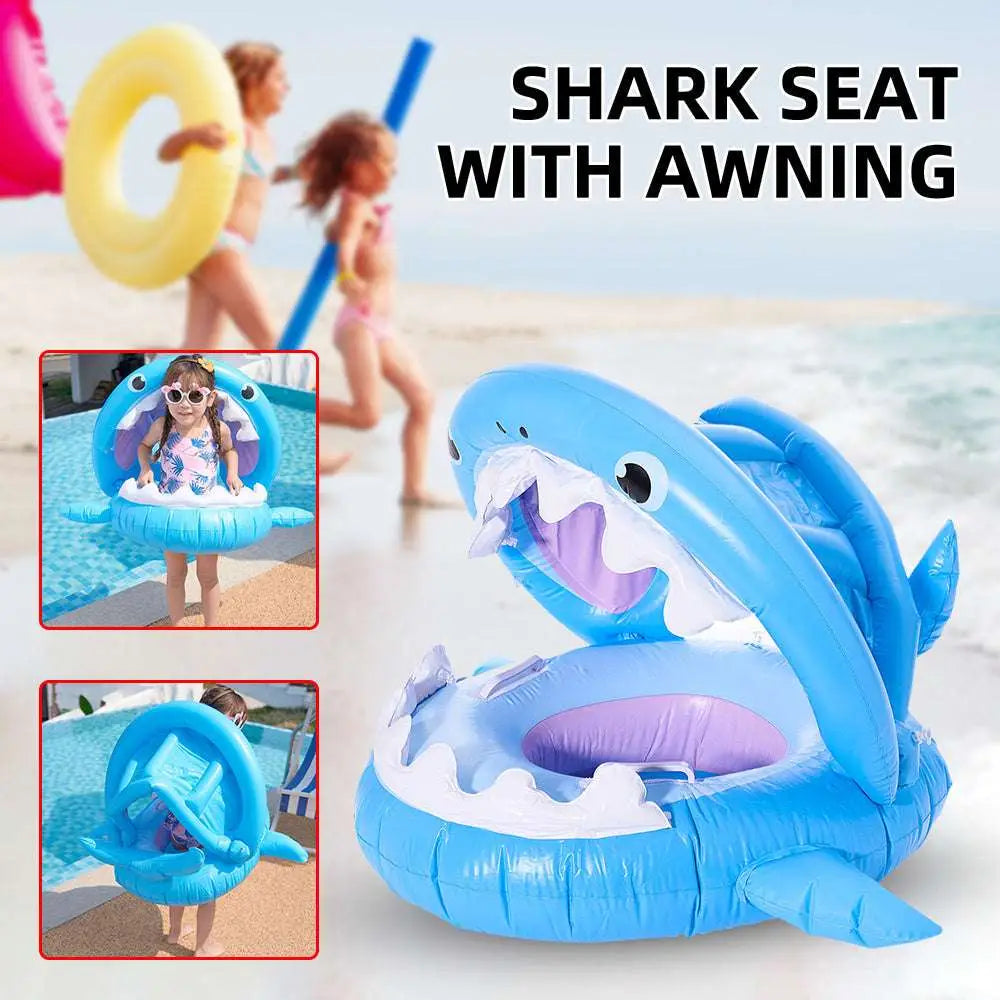 Blue inflatable shark seat swimming ring with awning featuring purple interior and white teeth accents
