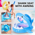 Blue inflatable shark seat swimming ring with awning featuring purple interior and white teeth accents