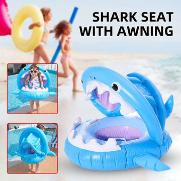 Blue inflatable shark seat swimming ring with awning featuring purple interior and white teeth accents
