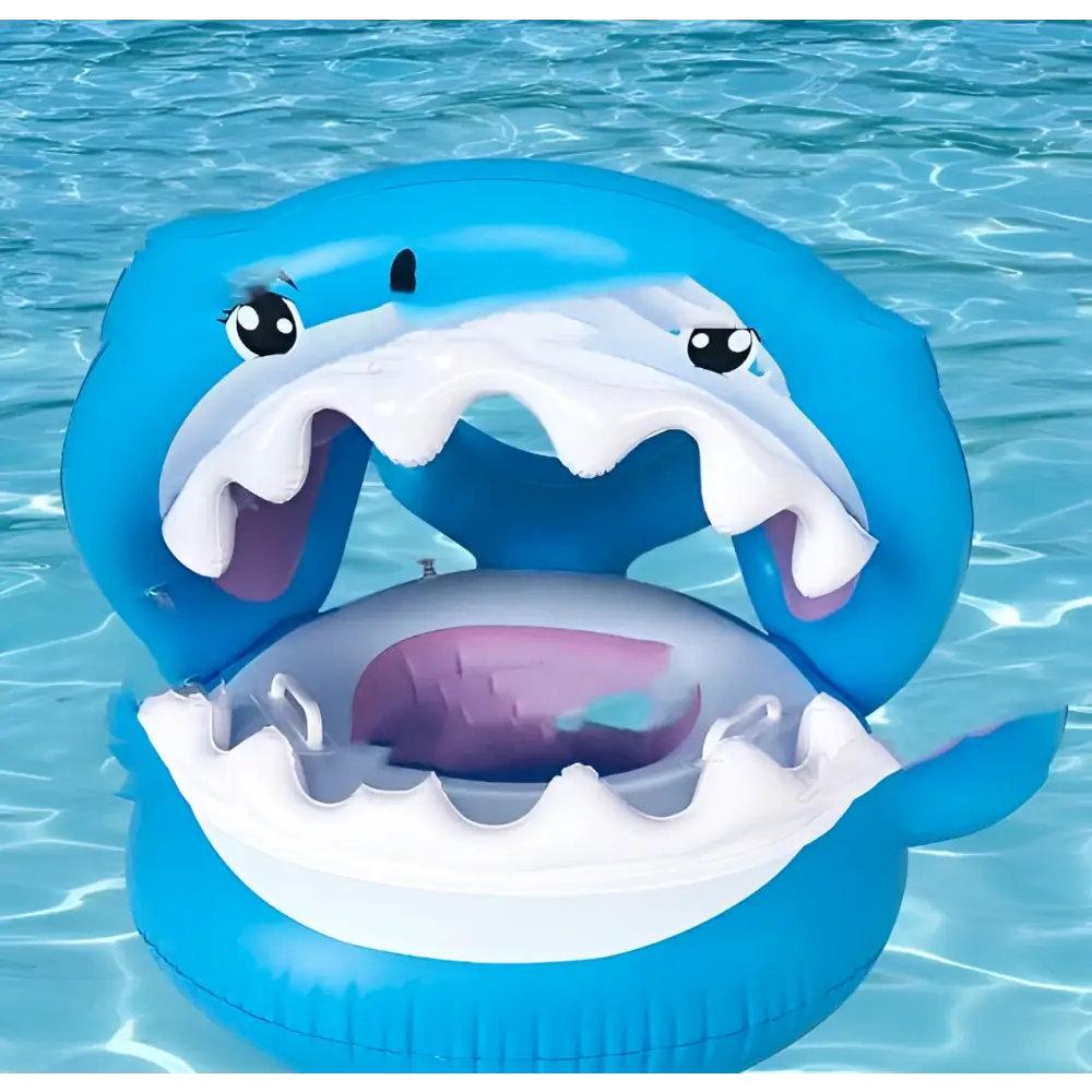 Blue inflatable shark seat ring with white teeth and purple inner seat designed as a shark seat swimming ring with awning