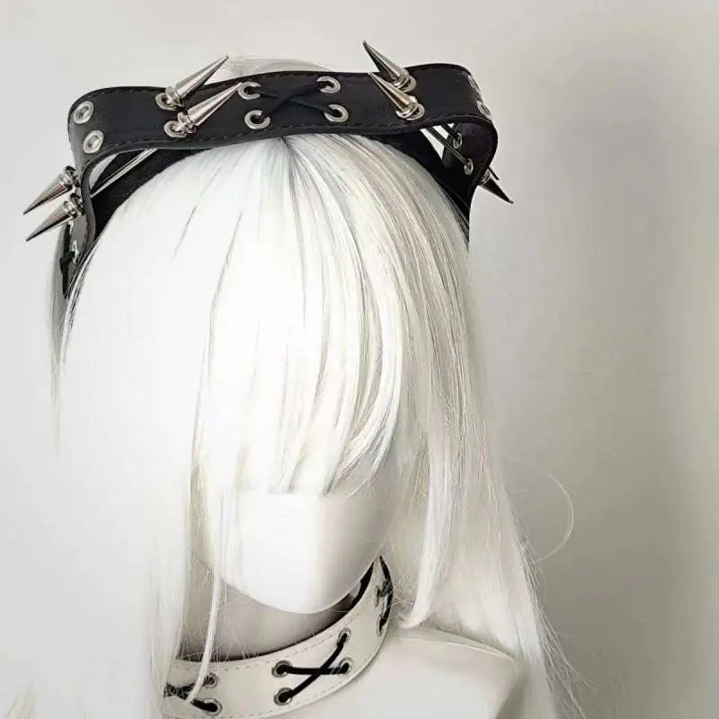 Sharp Claw Kitty rivet headband in black leather with silver-toned spikes and decorative metal eyelets from kitty leather collection