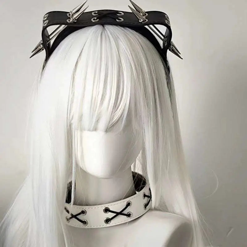 Black leather rivet headband with silver spikes and white lace-up choker from sharp claw kitty leather collection