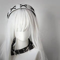 Black leather rivet headband with silver spikes and metal rings from the sharp claw kitty leather collection