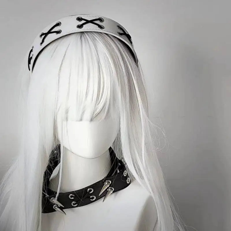 Black leather rivet headband with silver spikes and metal rings from the sharp claw kitty leather collection