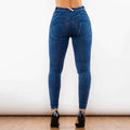 Back view of shascullfites melody blue high-waisted denim jeans with reinforced pockets and subtle stitched design