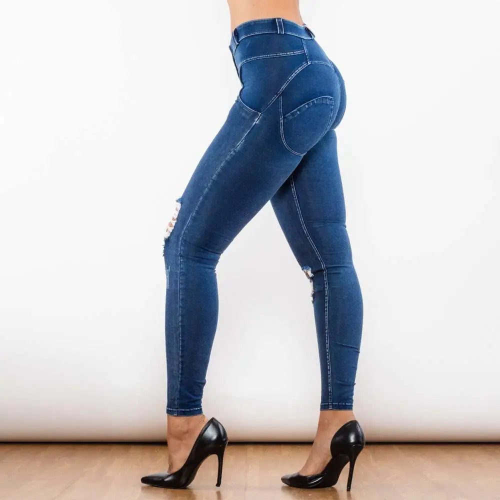 Dark blue high-waisted denim jeans with distressed knee rips and form-fitting design shascullfites melody blue ripped lifting jeggings