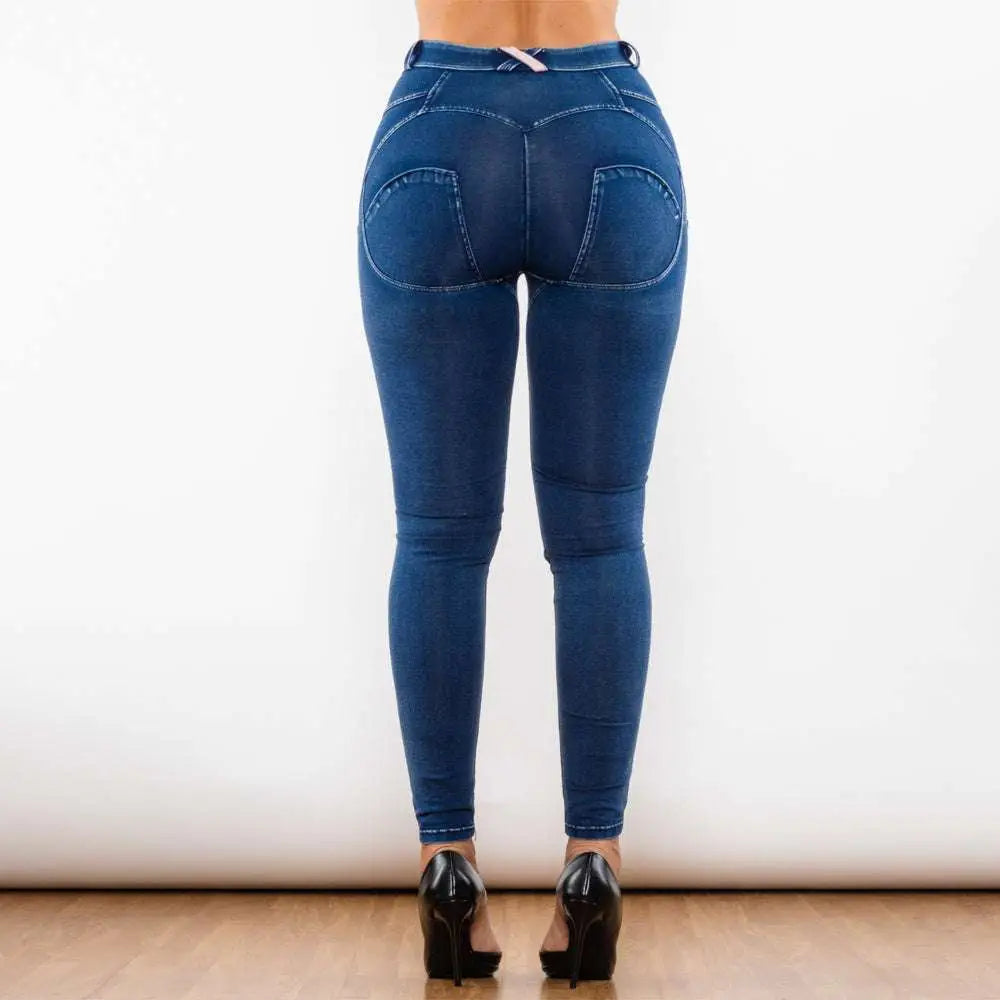 Back view of shascullfites melody blue ripped lifting jeggings dark blue denim jeans with high waist and prominent back pockets
