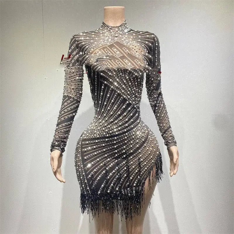 Sheer beaded tassel dress in black and silver with long sleeves and fringe hem for dress birthday party events