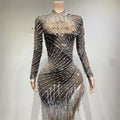 Sheer beaded tassel dress in black and silver with long sleeves and fringe detailing for dress birthday party events