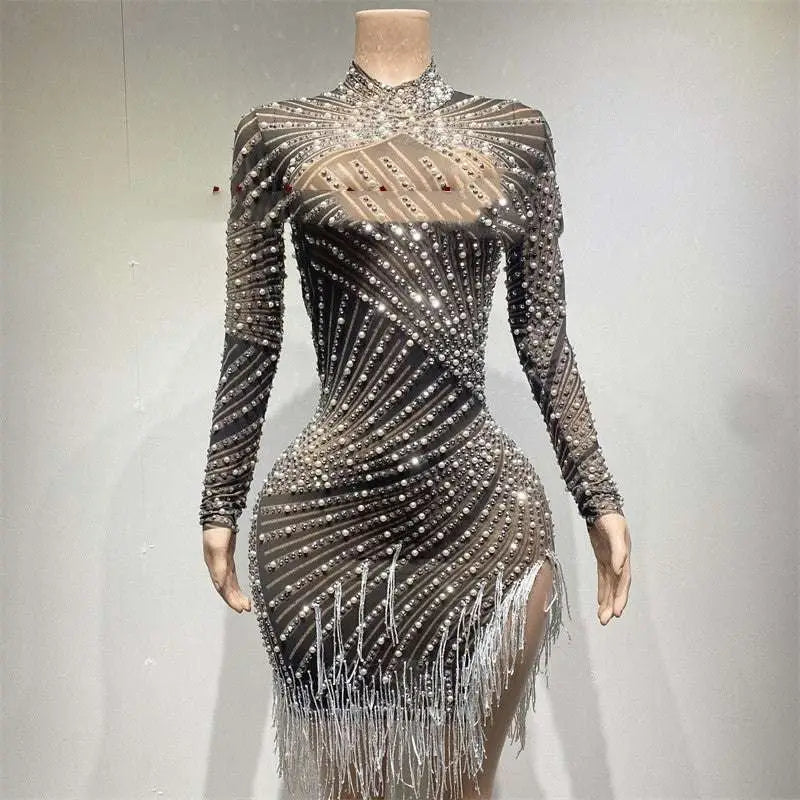 Sheer beaded tassel dress in black and silver with long sleeves and fringe detailing for dress birthday party events