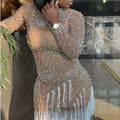 Sheer beaded tassel dress in nude with silver beading and white fringe detailing for dress birthday party events