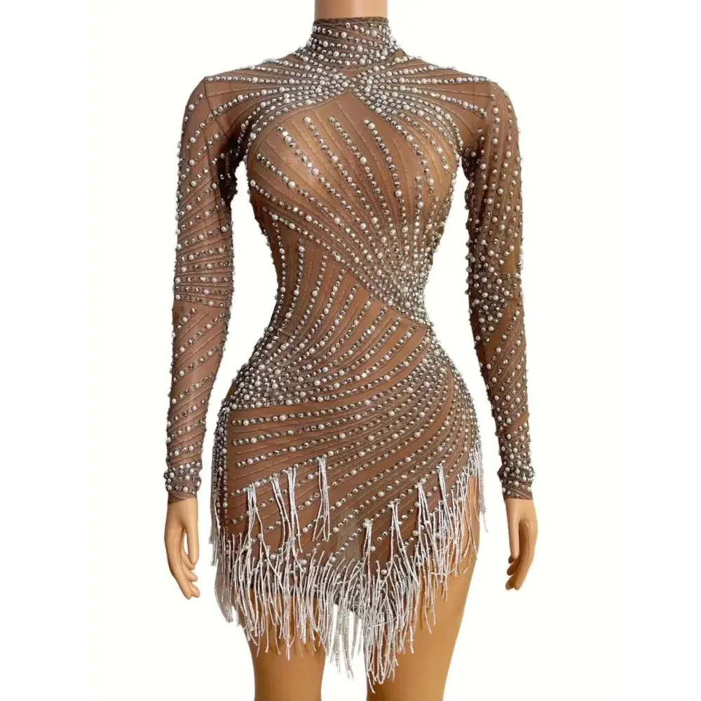 Sheer beaded tassel dress in shimmering brown mesh with silver rhinestones and fringe hem for dress birthday party
