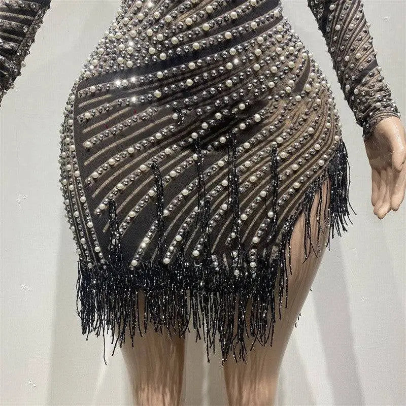 Sheer beaded tassel dress black sequined mini with silver white pearls and beaded fringe for dress birthday party