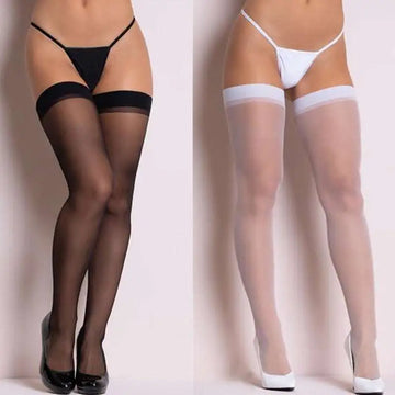 Black and white sheer high knee stockings with opaque elastic bands at the top for secure wear