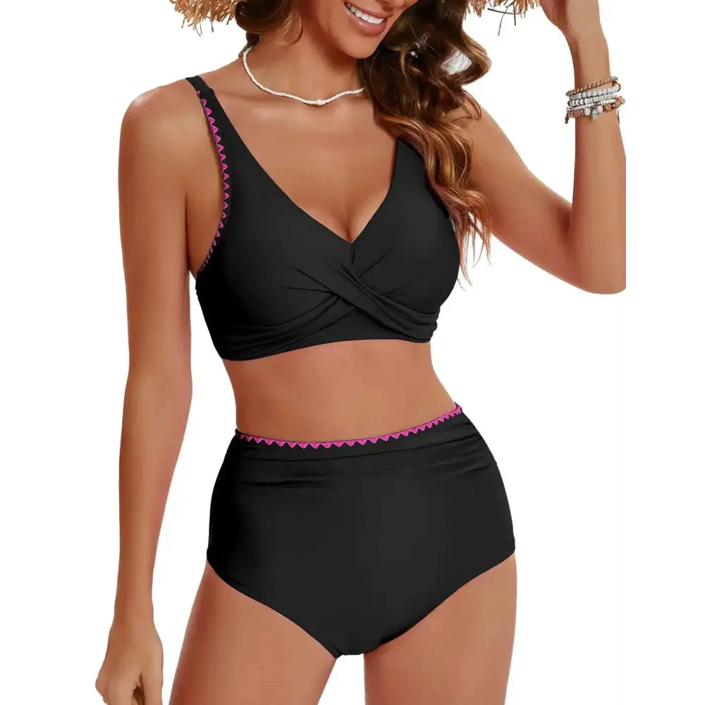 Black high waist bikini with shell edging ruched design and pink zigzag trim offering tummy control fit