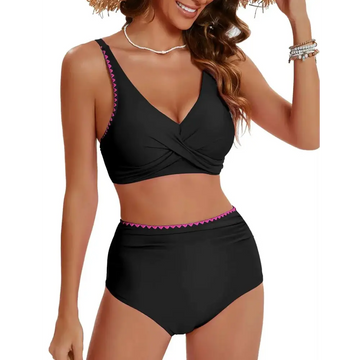 Black high waist bikini with shell edging ruched design and pink zigzag trim offering tummy control fit