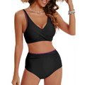 Black high waist bikini two piece with pink shell edging ruched trim for tummy control and stylish fit