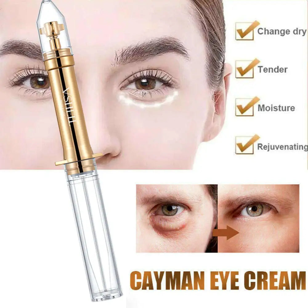 Gold-toned sleek modern design syringe-style dispenser with clear glass barrel for shellfish peptide anti-aging anti-wrinkle eye cream