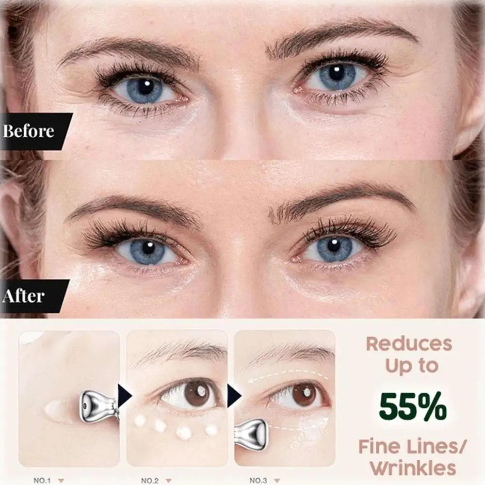 Silver metallic eye cream applicator with sleek modern design for shellfish peptide anti-aging anti-wrinkle treatment