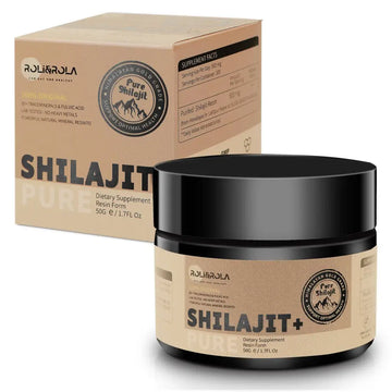 Black-rimmed jar of rolirola shilajit resin 50g dietary supplement for hormonal balance and nutrient absorption