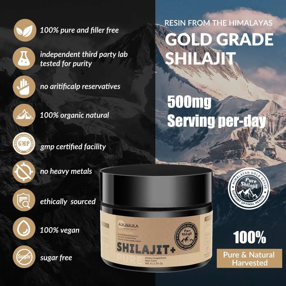 Black-rimmed jar of rolirola shilajit resin 50g dietary supplement for hormonal balance and nutrient absorption
