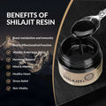 Black shilajit resin in a sleek dark glass jar with beige label for himalayan shilajit supporting nutrient absorption and hormonal balance