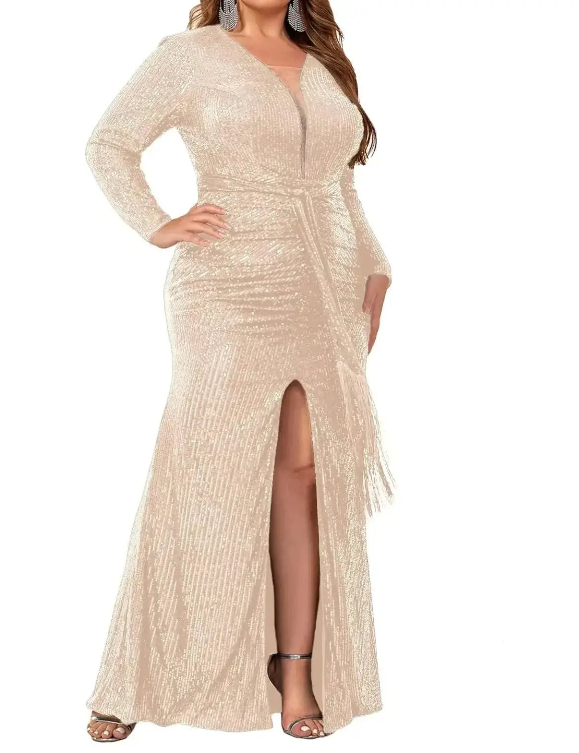 a shimmering champagne-colored sequined evening gown with a fitted silhouette long sleeves and a high slit showcased as a fashionable way to complement striped knit bodycon and palazzo pants styles