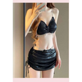 Black shimmering velvet two-piece swimwear set with pearl embellishments for luxury women’s fashion beachwear