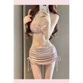 Shimmering pink satin luxury women’s fashion bikini swimsuit with bow-front top and ruched skirt with sparkling embellishments