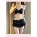 Black sequined bikini top with bow detail and crystal embellishments in luxury women’s fashion shimmering pink satin set