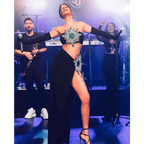 Black strapless shiny rhinestone tube skirt bandage suit with emerald center and high slit skirt bandage design