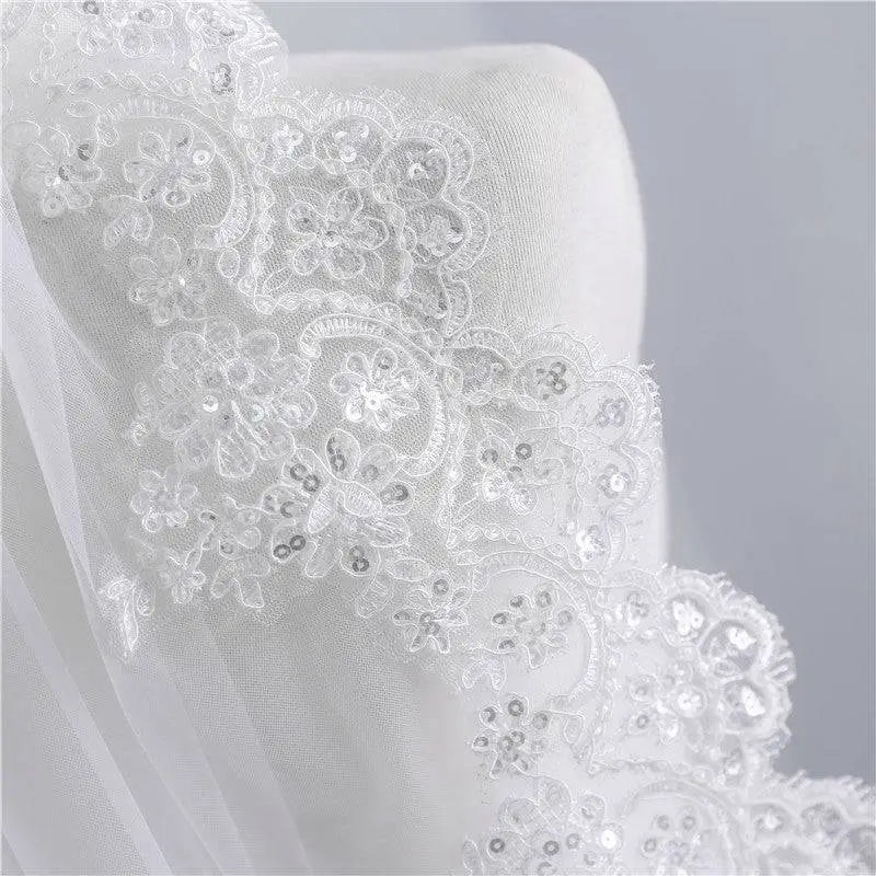 Short veil soft mesh sequined lace white with delicate floral embroidery and scattered silver sequins trim