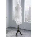 Short veil soft mesh sequined lace in white ivory with intricate floral patterns and scalloped edge on mannequin stand
