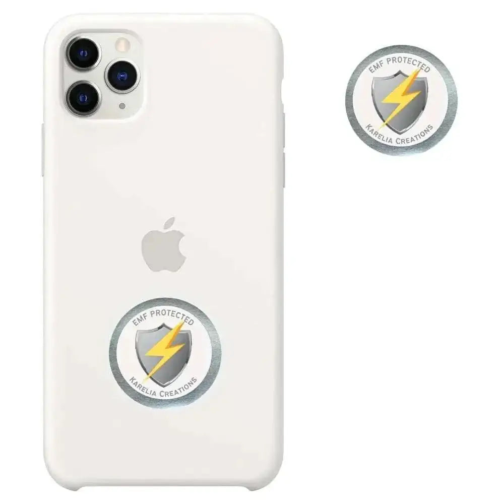 White shungite cell phone case with silver lightning bolt phone protection shield emblem on the back side