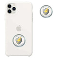 White shungite cell phone case with silver lightning bolt phone protection shield emblem on the back side