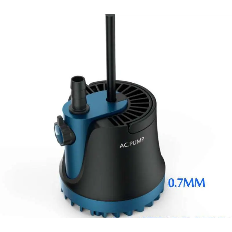Black and blue silent home submersible water pump with ribbed base side-mounted control knob and vertical outlet pipe