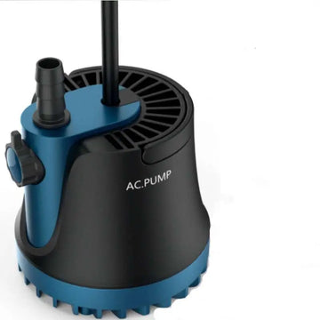 Silent home submersible water pump in black and blue with ribbed base, side-mounted control knob, and vertical outlet pipe