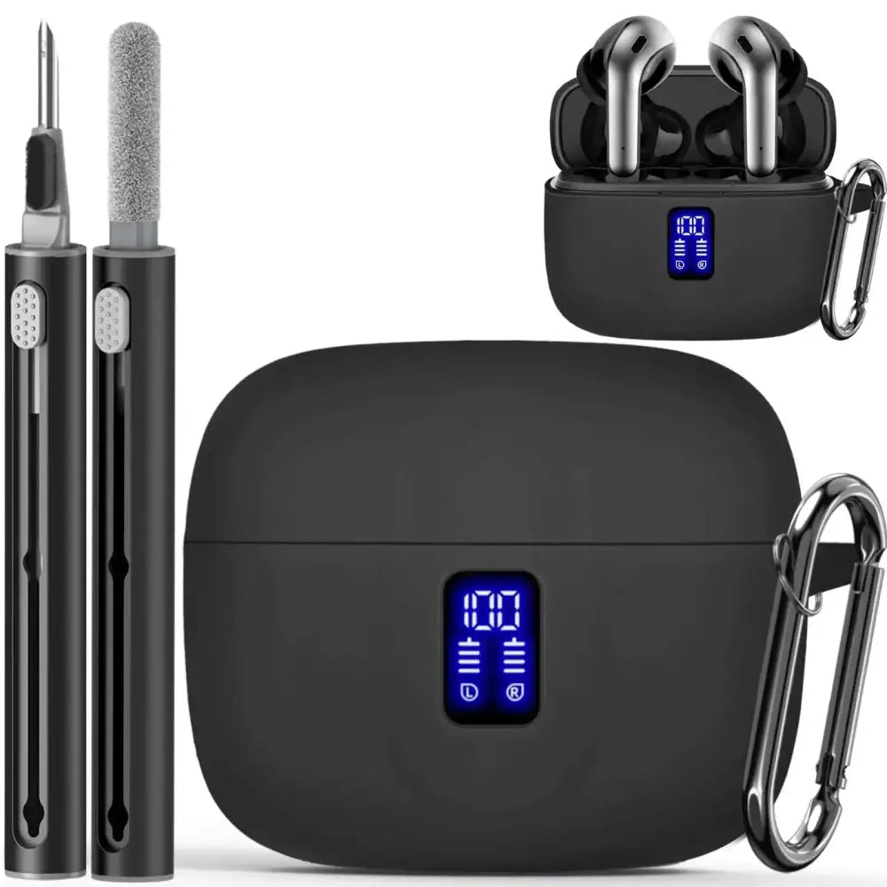 Black tagry x08 wireless earbuds in a matte silicone case with blue battery display and metal carabiner clip