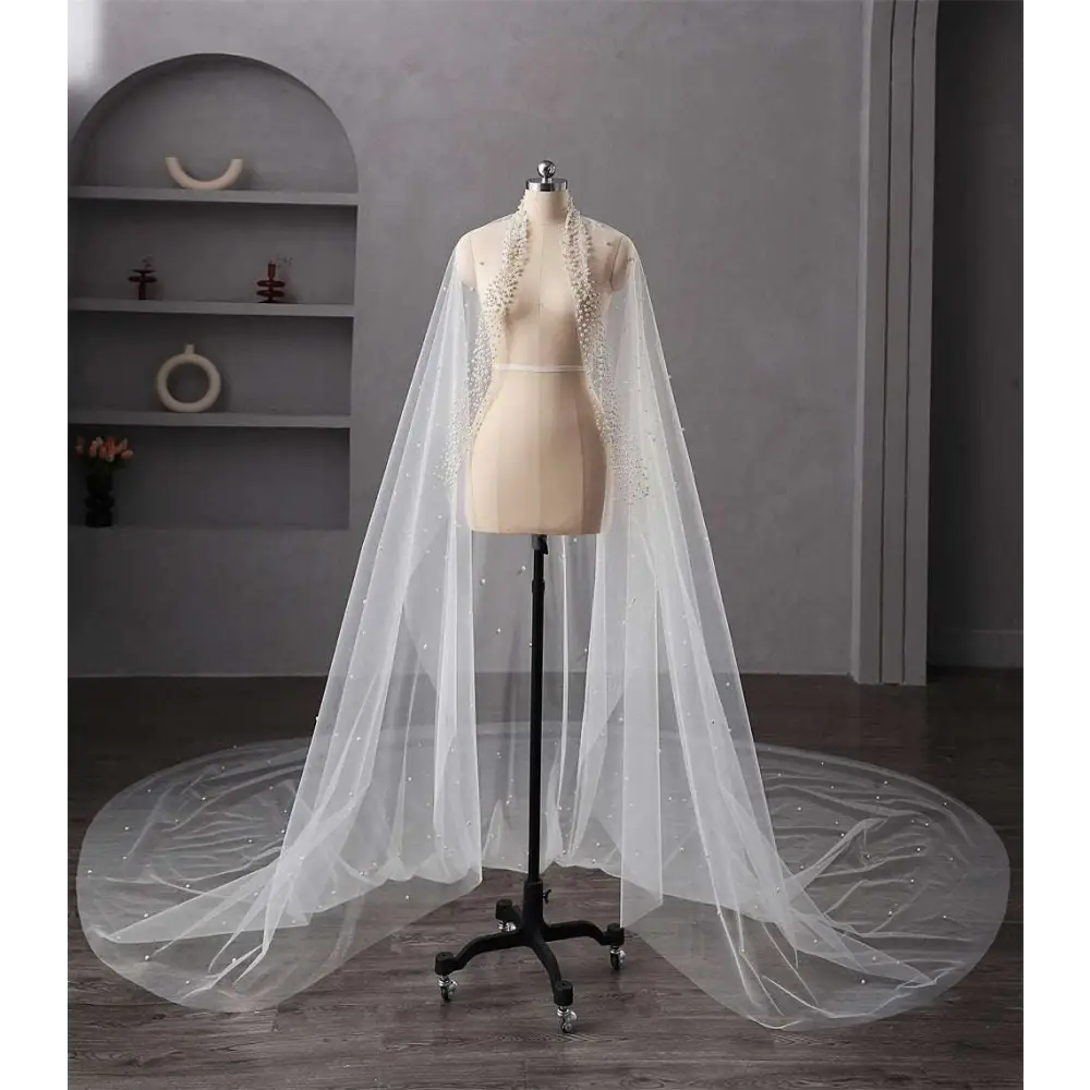A delicate white tulle silver beaded long bridal cathedral veil adorned with intricate beading and pearls