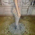 A shimmering silver beaded sexy elegant fishtail gown featuring cascading rhinestones and delicate beaded chains
