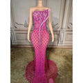 A dazzling fuchsia sexy elegant fishtail gown with intricate beading and a shimmering silver beaded diagonal strap