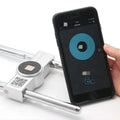 Silver metallic home smart fingerprint door lock featuring circular sensor and qr code with iphone app interface