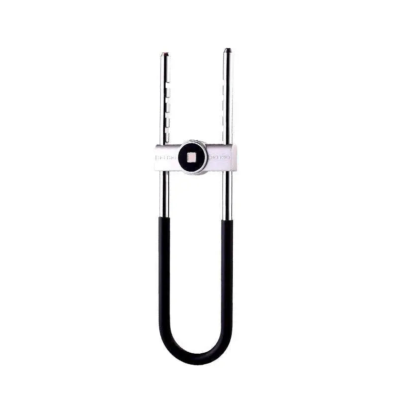 Silver black home smart fingerprint door lock featuring a silver u-lock with black rubberized grip and central keyhole