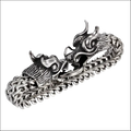 Silver braided double dragon bracelet featuring a silver dragon-themed stainless steel chain with detailed scales