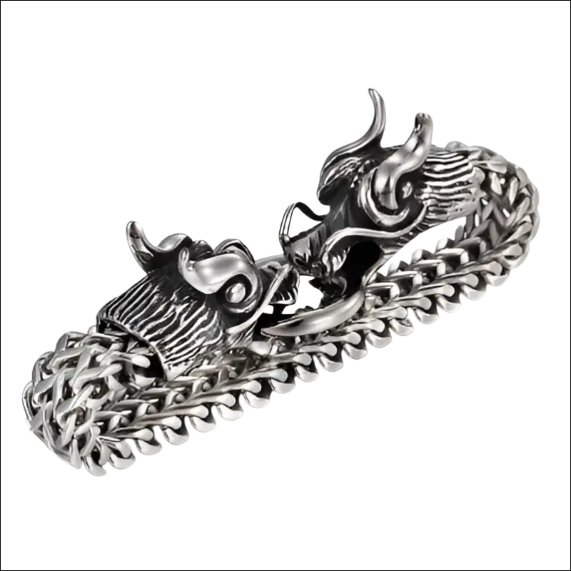 Silver braided double dragon bracelet featuring a silver dragon-themed stainless steel chain with detailed scales