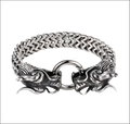 Silver braided double dragon bracelet featuring a silver-toned stainless steel dragon head and intricate braided chain links