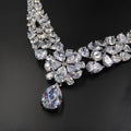 Silver bride headdress necklace jewelry suit with silver-tone crystals in floral design and teardrop pendant