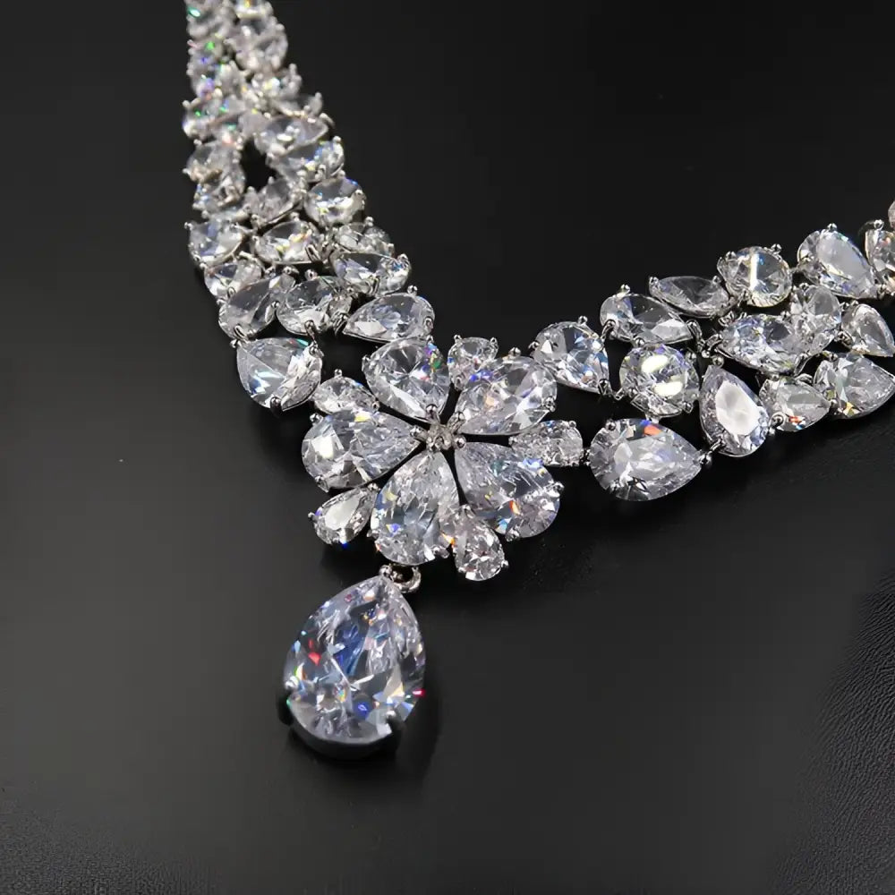 Silver bride headdress necklace jewelry suit with silver-tone crystals in floral design and teardrop pendant