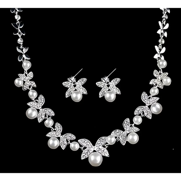 Silver butterfly bride necklace and earrings set with pearls and crystal embellishments for bride wedding jewelry